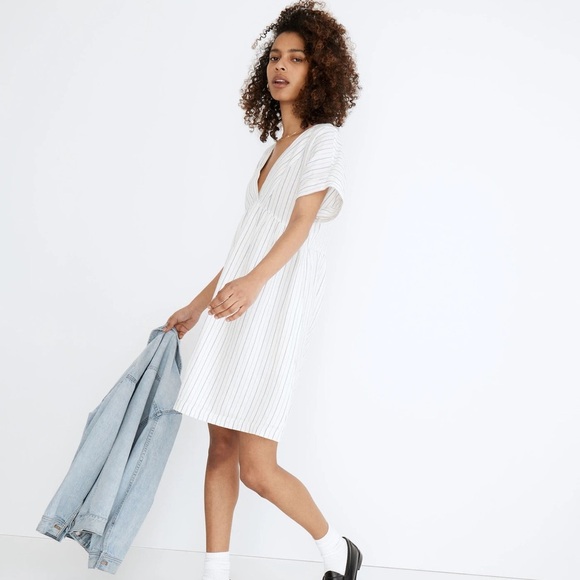 NWT MADEWELL Linen-Blend V-Neck Dolman-Sleeve Mini Dress Dusty‎ Twilight XS - Picture 1 of 11